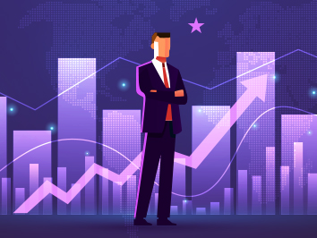 Infographic on businessman in front of a purple stock chart slowly rising.